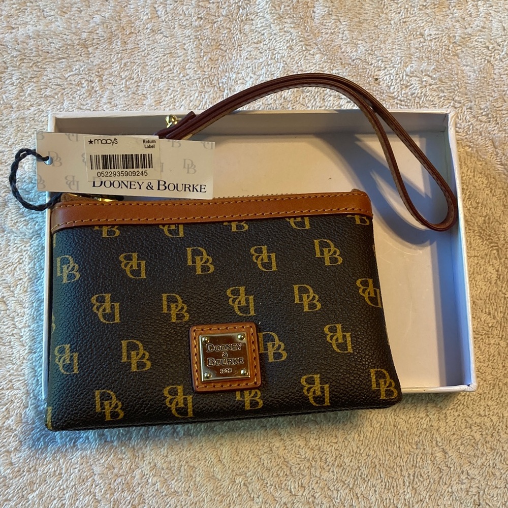 Dooney & Bourke Dark Brown and Tan Logo Wristlet - Picture 1 of 6